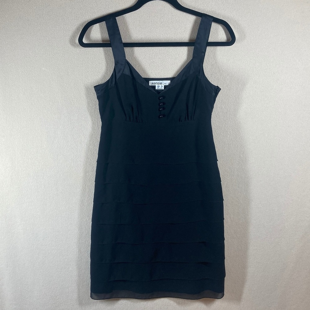 Kensie Silk Dress S Black V-Neck LBD HOCO Empire Waist Ruffle Fairy Quiet Luxury